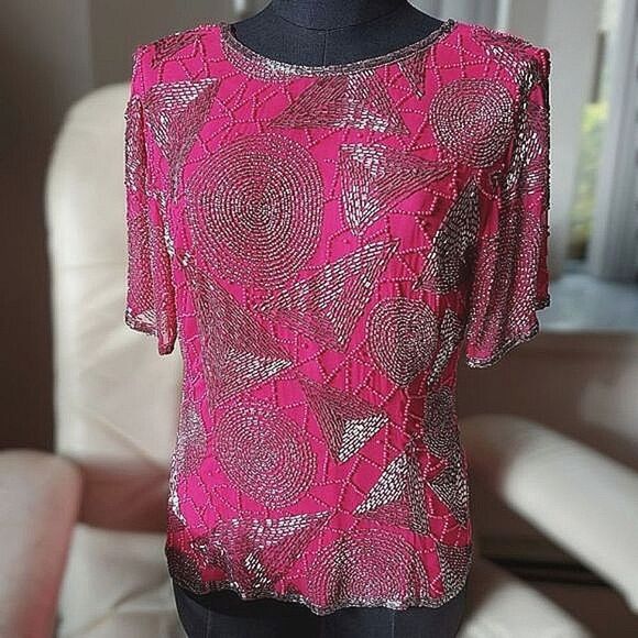 Vintage Tops - Vtg fuschia beaded silk half sleeve boat neck V back blouse